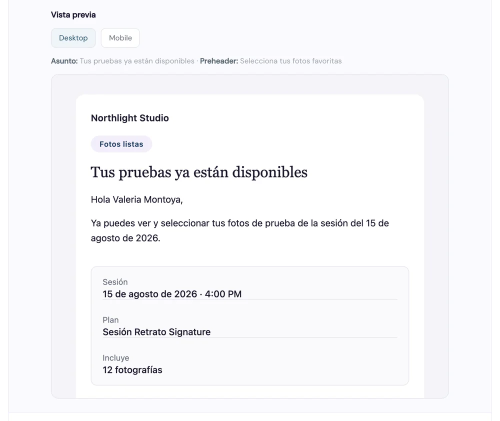 Vista previa de un email de StrobeDesk que avisa al cliente de que sus pruebas están disponibles.