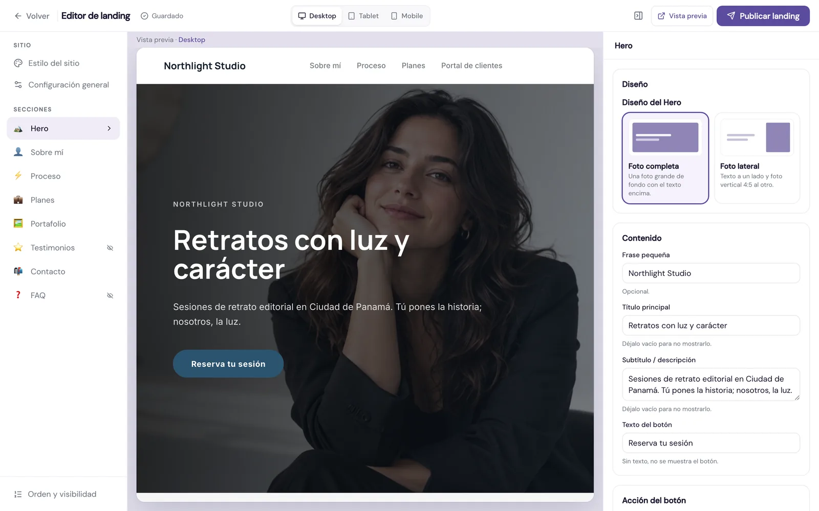 Editor de landing de StrobeDesk con la vista previa del sitio del estudio y las opciones del Hero.