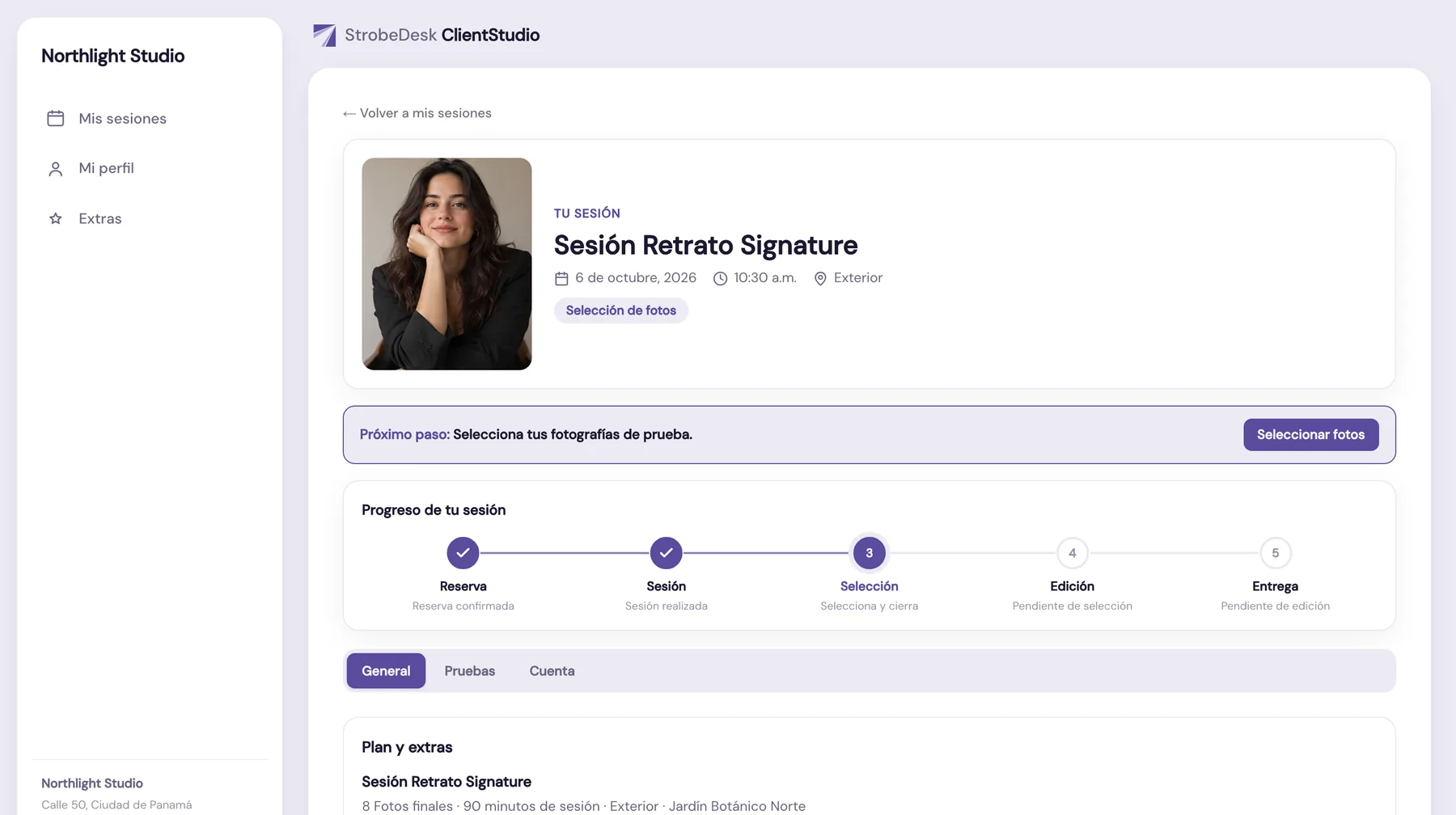 Portal del cliente en escritorio: sesión, próximo paso y progreso hasta la entrega.